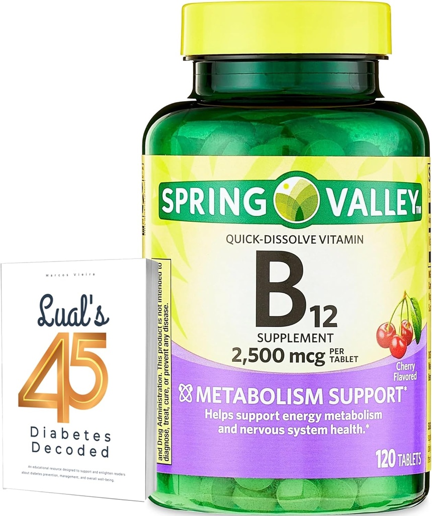 Spring Valley Vitamin B12 Quick-Dissolve Tablets Dietary Supplement | Vitamin B12 2500 mcg | B Vitamins | Vitamin B12 Complex for Women and Men | 120 Tablets Bundle with Lual's 45 Diabetes Decoded 2