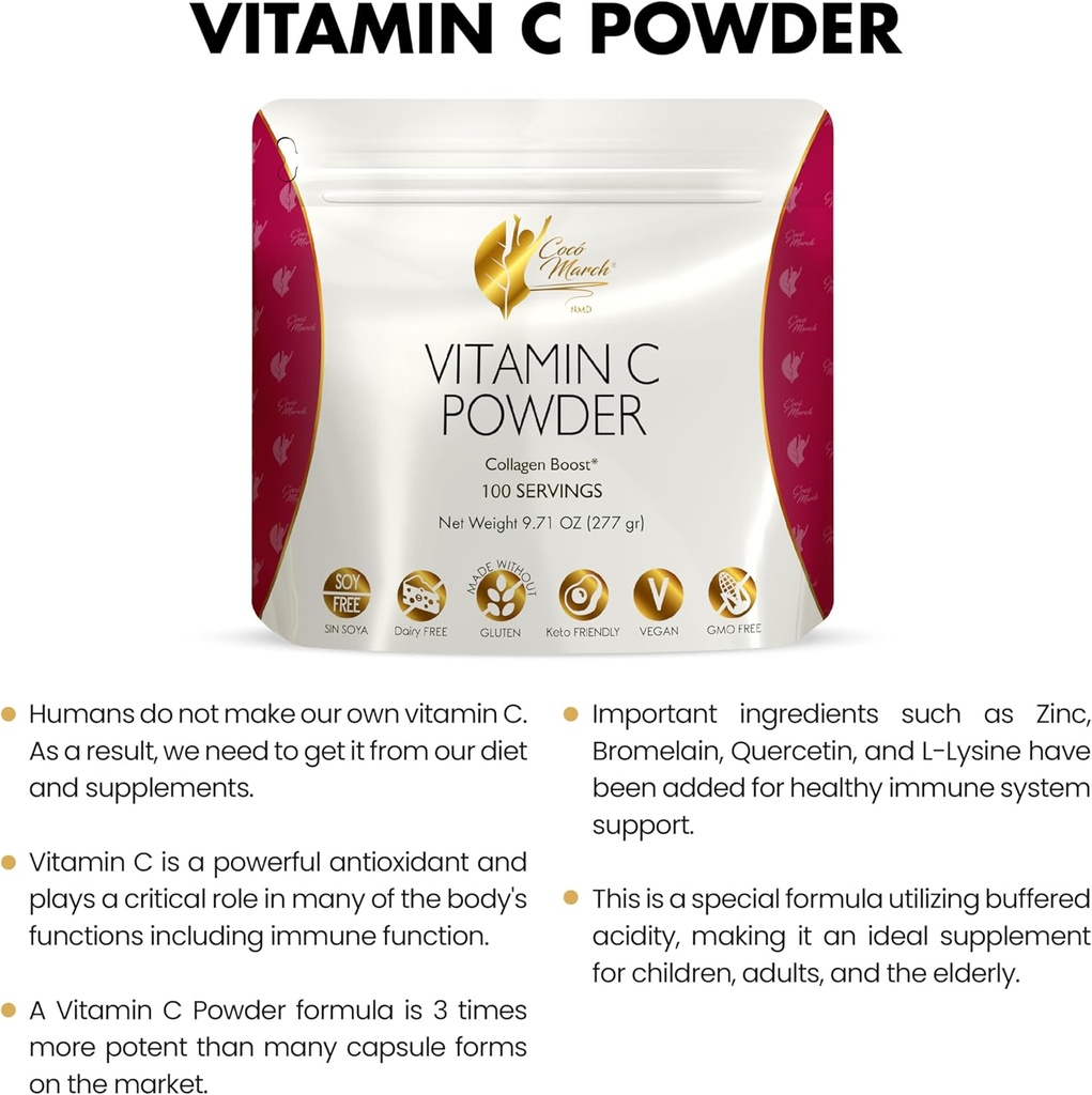 Cocó March N.M.D 1000 mg Vitamin C Powder- for Collagen Production & Immune Support, Zinc, Bromelain, Quercetin, L-Lysine - Free from: Gluten Dairy, Soy, GMOs, Vegan and Keto Friendly 10 Oz 3