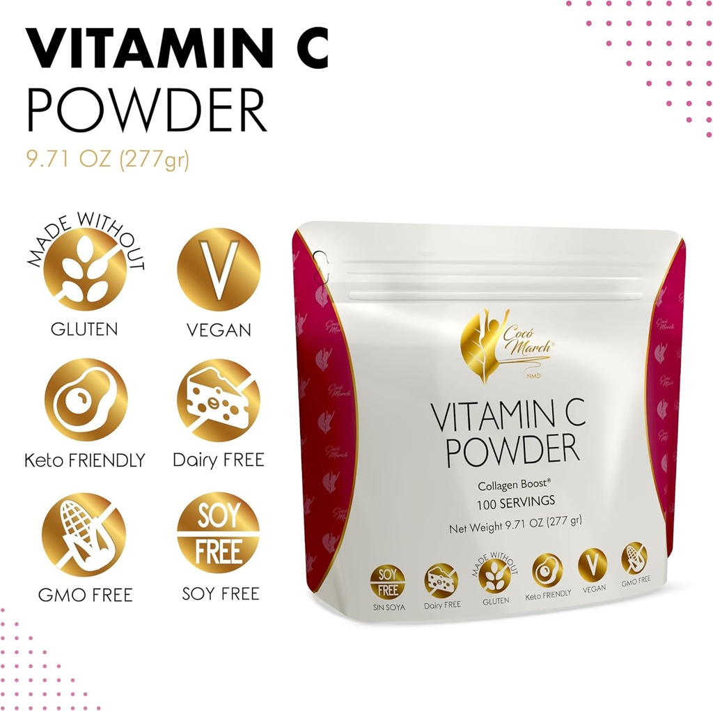 Cocó March N.M.D 1000 mg Vitamin C Powder- for Collagen Production & Immune Support, Zinc, Bromelain, Quercetin, L-Lysine - Free from: Gluten Dairy, Soy, GMOs, Vegan and Keto Friendly 10 Oz 4