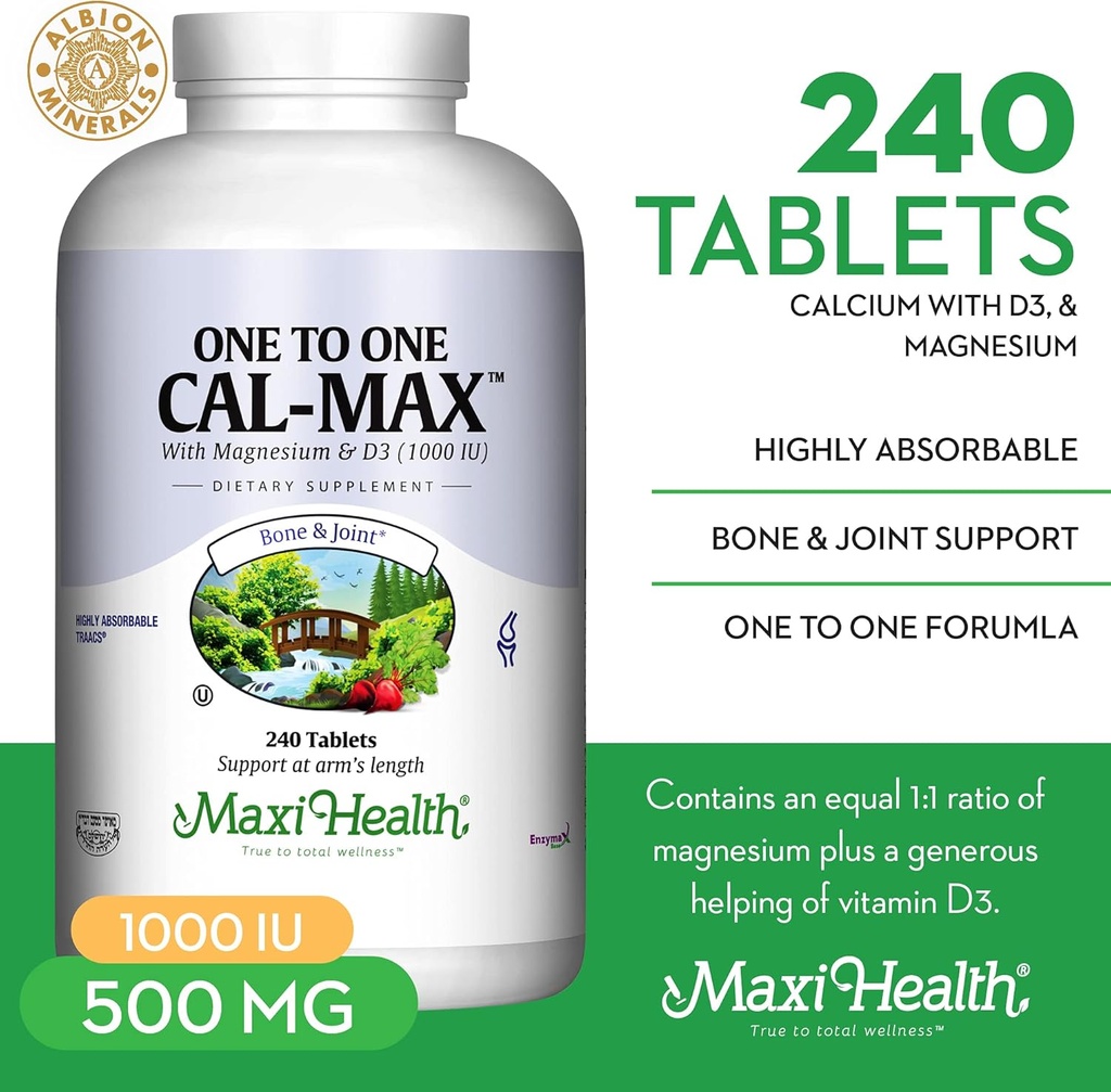 Maxi Health 500 mg Calcium Supplement with Vitamin D3 (1000 IU) and Magnesium (500 mg) - Bone, Teeth and Joint Support for Men and Women - 240 Tablets 3