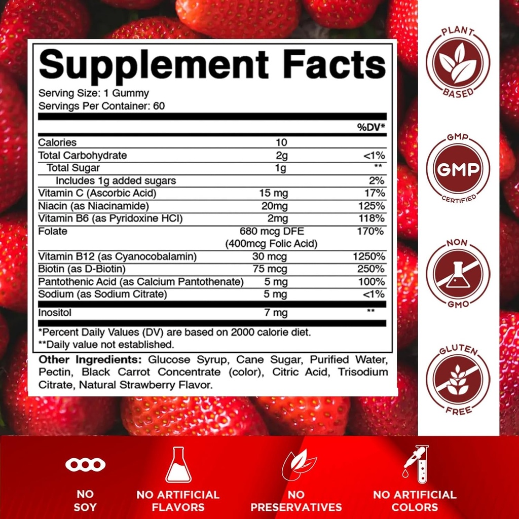 Vitamatic Vitamin B Complex Gummies with Vitamin C & Inositol - Natural Strawberry Flavor - 60 Gummies (2 Bottles) 3