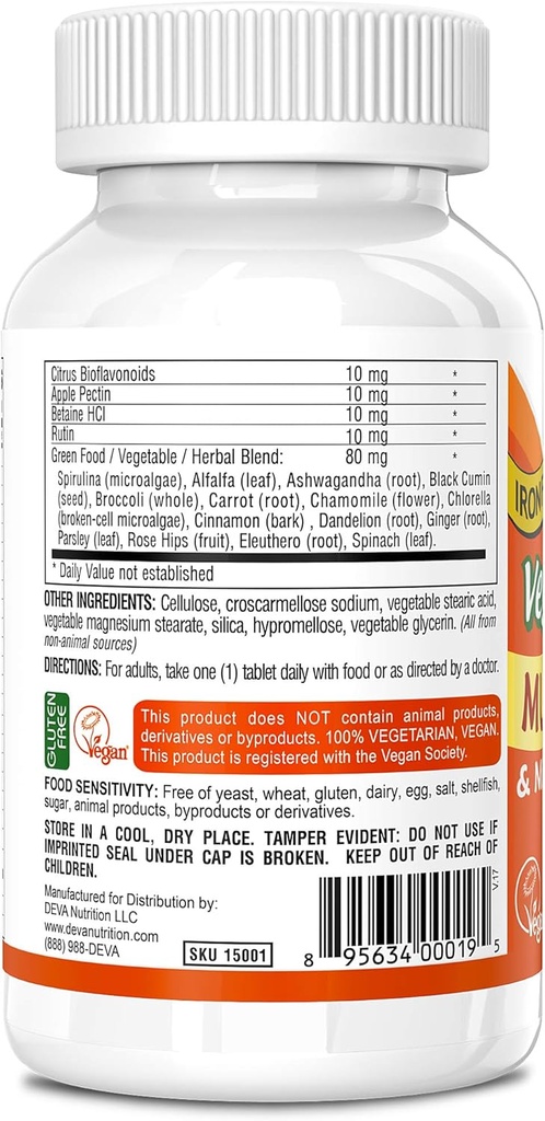 DEVA Vegan Multivitamin and Mineral Supplement - One Daily Vitamin Formula with Greens - Iron Free - 90 Coated Tablets, 1-Pack 4
