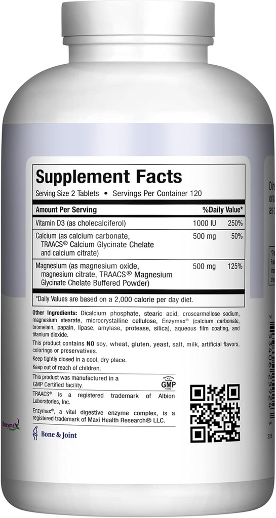 Maxi Health 500 mg Calcium Supplement with Vitamin D3 (1000 IU) and Magnesium (500 mg) - Bone, Teeth and Joint Support for Men and Women - 240 Tablets 5