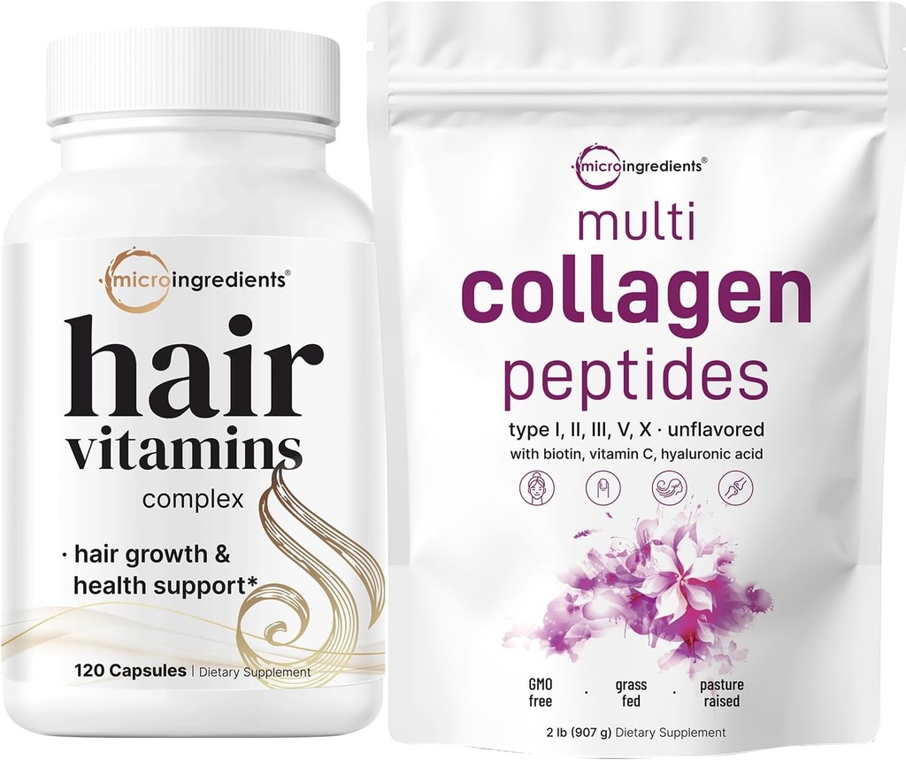 Micro Ingredients Multi Collagen Protein Powder 2 Pounds & Hair Vitamins Complex Capsules Bundle Pack | Grass-Fed Collagen Peptides | 14-in-1 Advanced Hair Growth Support 2