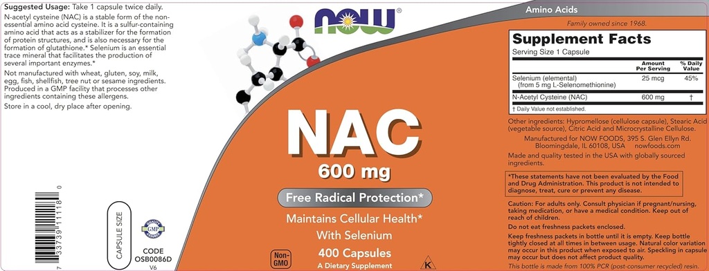 Now NAC 600 mg, 400 Capsules (Pack of 2), N-Acetyl Cysteine with Selenium 5
