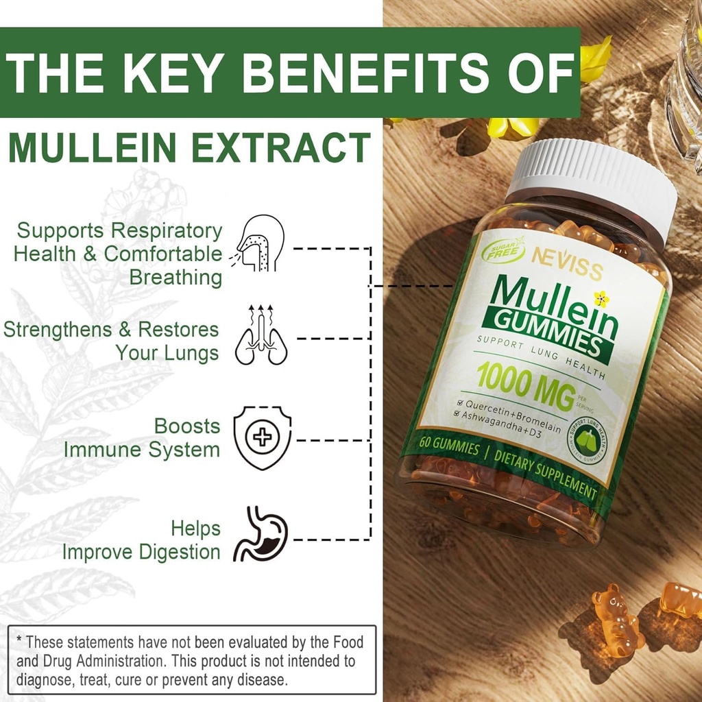 NEVISS Mullein Gummies for Lungs, Organic Mullein Leaf Extract 1000mg for Respiratory System with Quercetin & Bromelain, D3 for Digestive Support, Immune Booster, Sugar Free, Vegan, 120 Count 4
