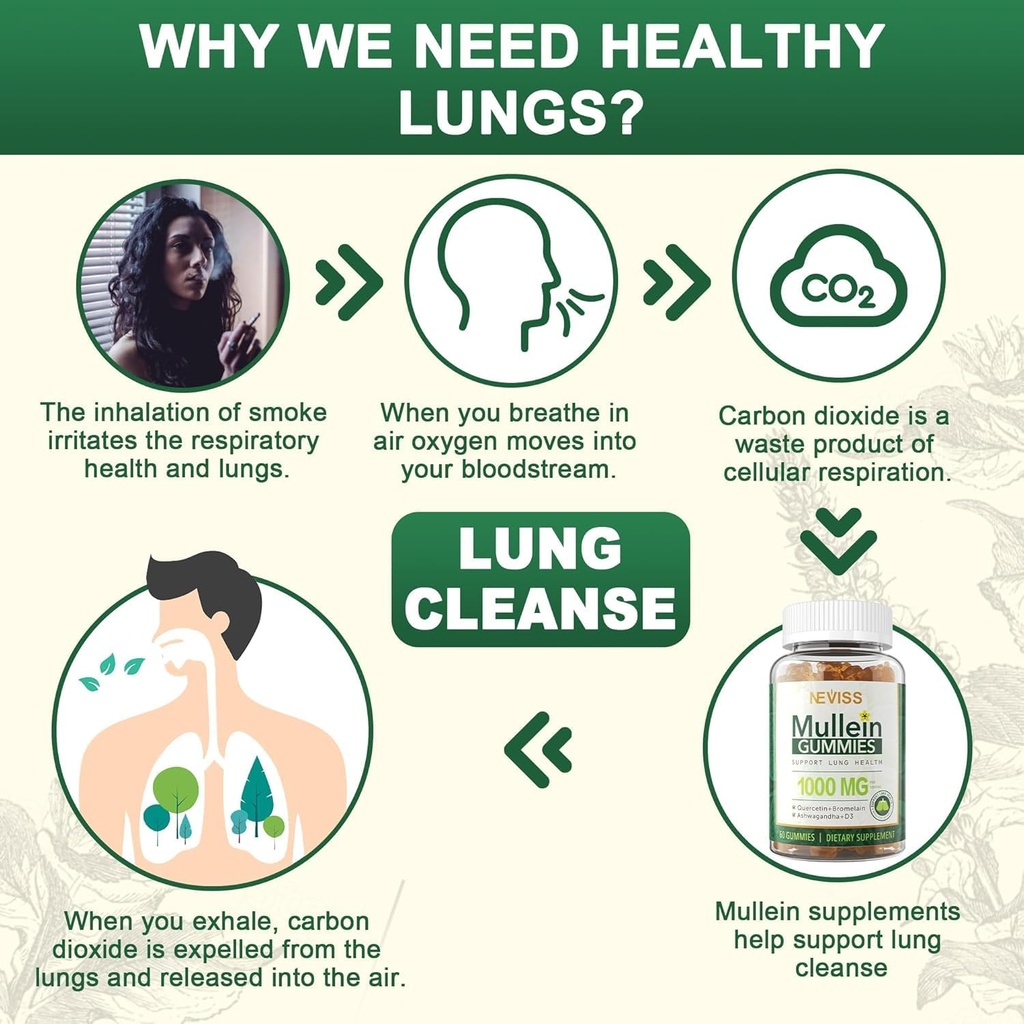 NEVISS Mullein Gummies for Lungs, Organic Mullein Leaf Extract 1000mg for Respiratory System with Quercetin & Bromelain, D3 for Digestive Support, Immune Booster, Sugar Free, Vegan, 120 Count 6