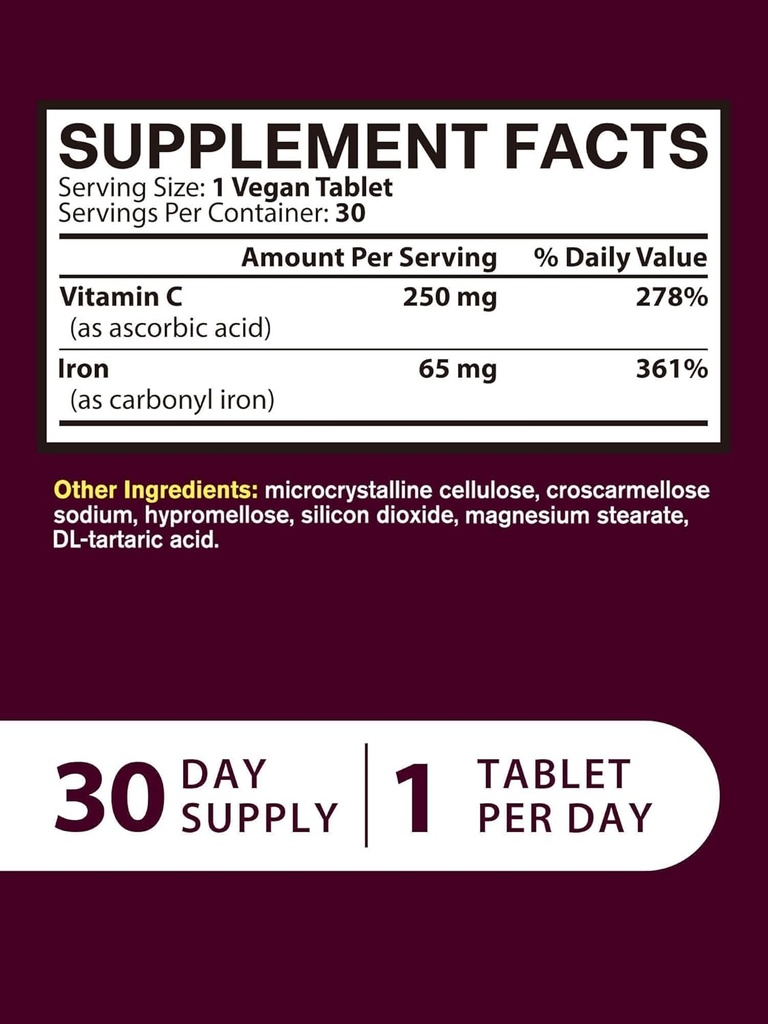 Iron Supplement for Women Men | High Potency Iron 65mg with Vitamin C 250mg | Stomach Friendly Iron Pills for Red Blood Cell & Immune Support | Vegan, Non-GMO & Gluten Free | 30 Tabs 6