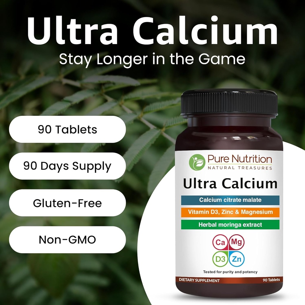 Pure Nutrition Ultra Calcium 1000mg with VIT D3 + K2 | 180 Tabs (90 X Pack of 2) | Highly absorbable Calcium Supplement with Calcium Citrate Malate, VIT D3, K2, Moringa Oleifera, Magnesium and Zinc. 5