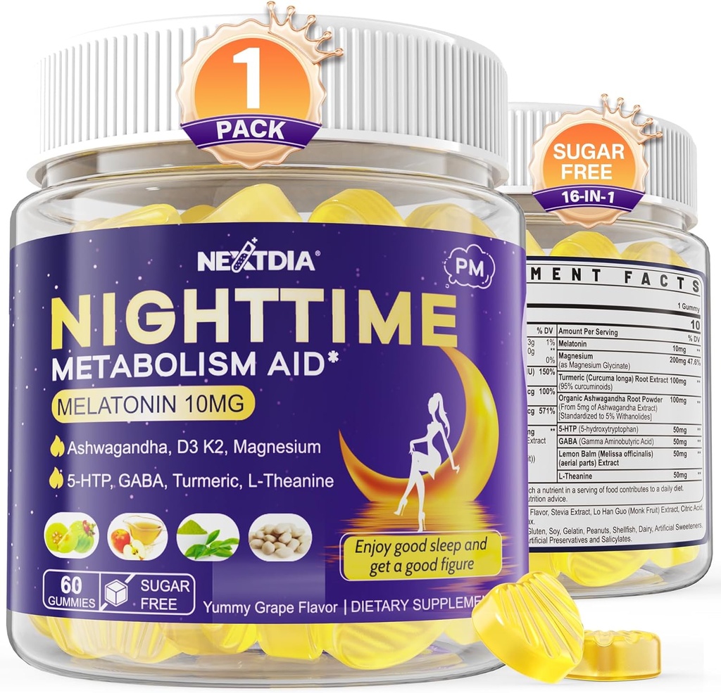 1Pack Melatonin 10mg Gummies, Night Time Metabolism Gummies for Adults, Crush Excess Hoarding While You Rest, Promote Healthy Zzzs, with Magnesium, Ashwagandha, 5-HTP, GABA, 100% Drug Free,Sugar Free 2