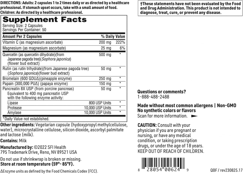Klaire Labs SFI Health Quercetin-Bromelain Forte - Immune & Seasonal Support Enzymes with Pancreatic, Proteolytic, Bromelain, Papain Enzymes & Bioflavonoids (100 Capsules) 6