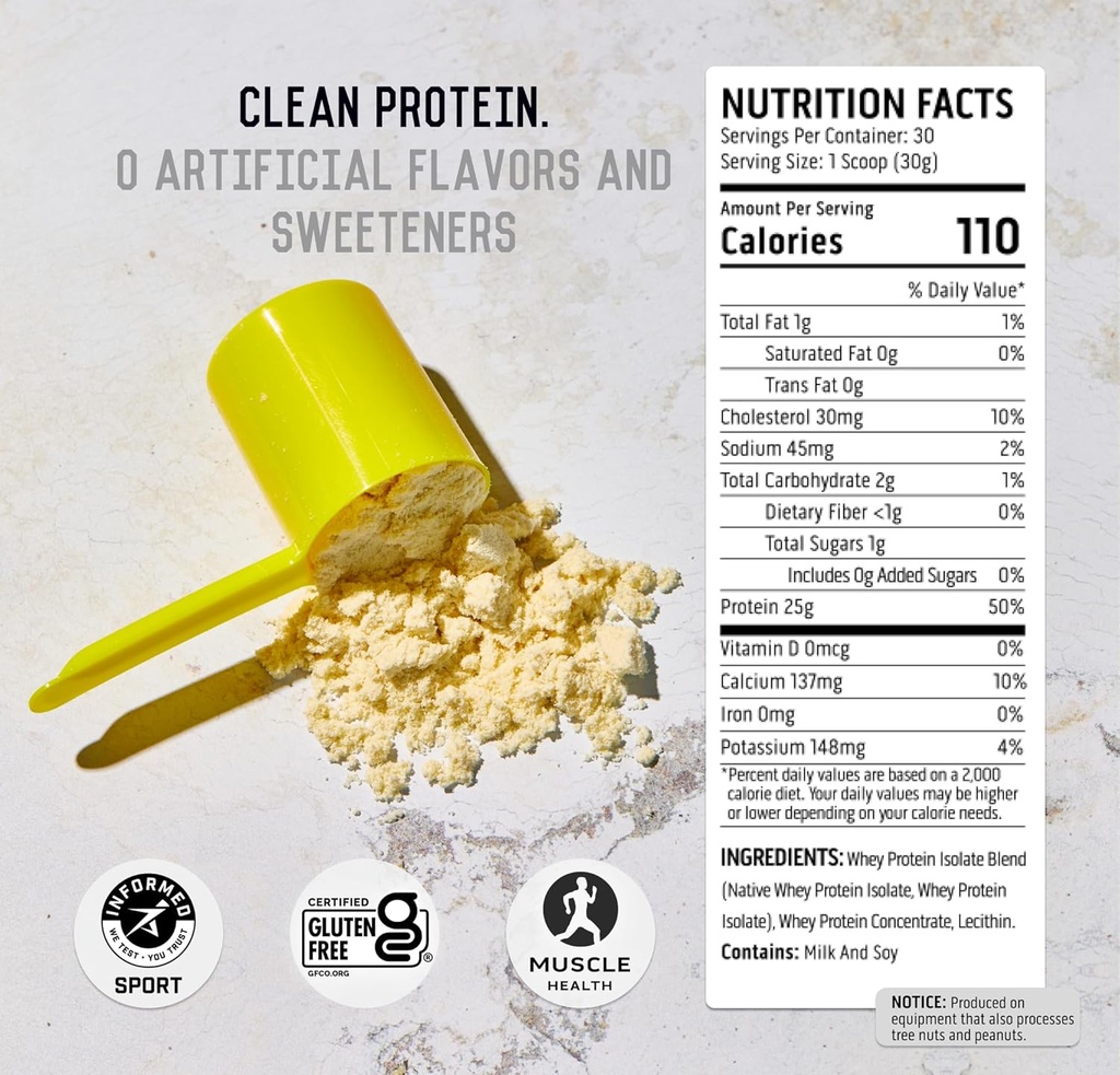 Ascent 100% Whey Protein Powder - Post Workout Whey Protein Isolate, Zero Artificial Flavors & Sweeteners, Gluten Free, 5.5g BCAA, 2.6g Leucine, Unflavored 2 lb 6