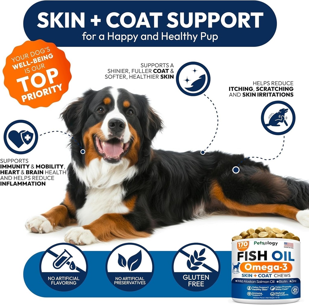 Omega 3 Fish Oil for Dogs - 170 Chews - Omega 3 for Dogs Itchy Skin & Allergy Relief - Skin & Coat Supplement - EPA & DHA Fatty Acids - Dog Anti Shedding & Hot Spot Treatment - Salmon Oil 5