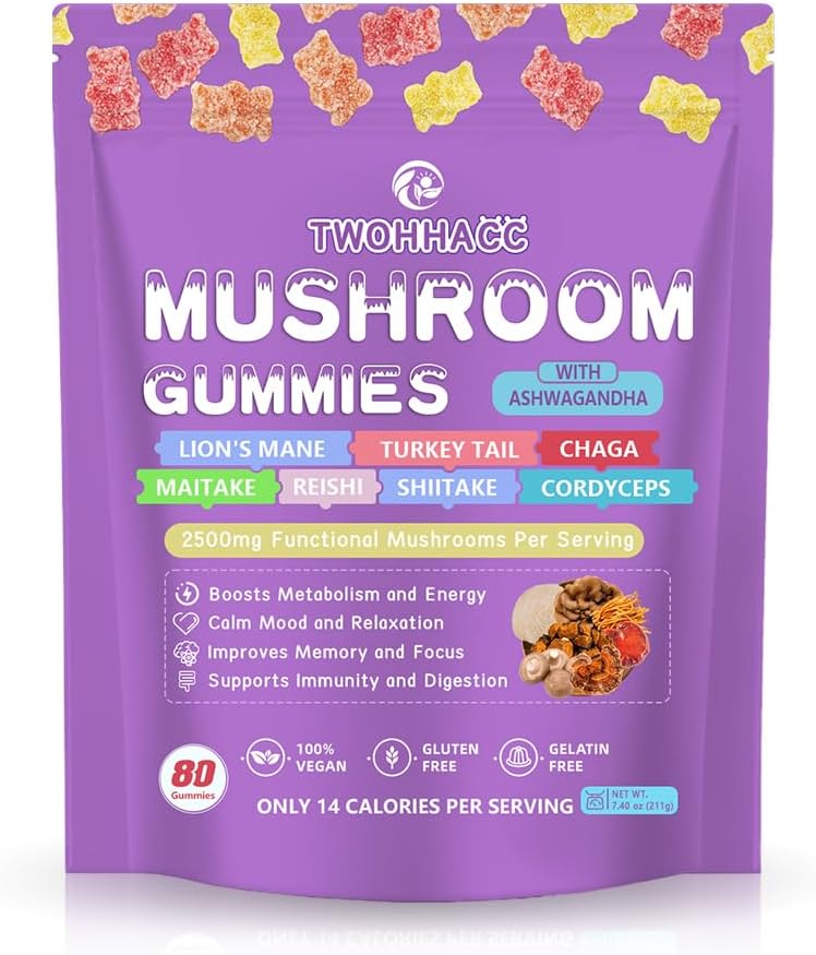 Mushroom Supplement Gummies with Ashwagandha and Lions Mane, Maitake, Turkey Tail, Reishi, Chaga, Shiitake, Cordyceps Nootropic Brain Supplement for Focus, Memory, Immune, Support and Stress Relief 2