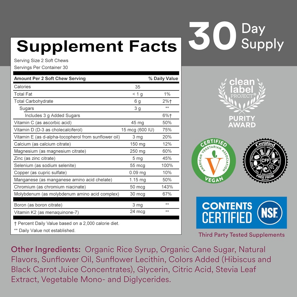 SmartyPants Mineral Chews: Magnesium Citrate & Calcium Supplement with Vitamin D3, Vitamin C, K2, Zinc & Selenium for Immune Support, 60 Count (30 Day Supply) 3