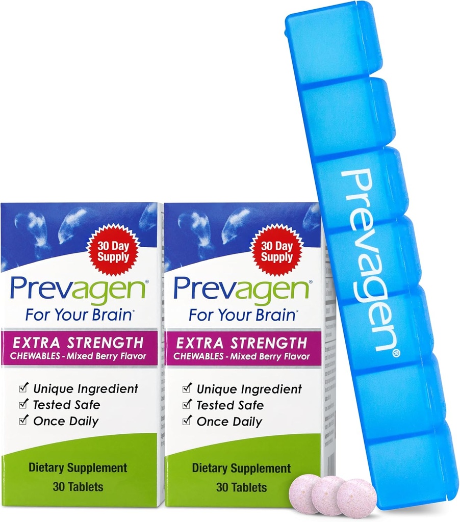 Prevagen Extra Strength Mixed Berry Chewables - 60 Tablets (2 Month Supply) | Formulated for Your Brain | 20mg of Apoaequorin Plus Vitamin D3 with 7-Day Pill Minder 2