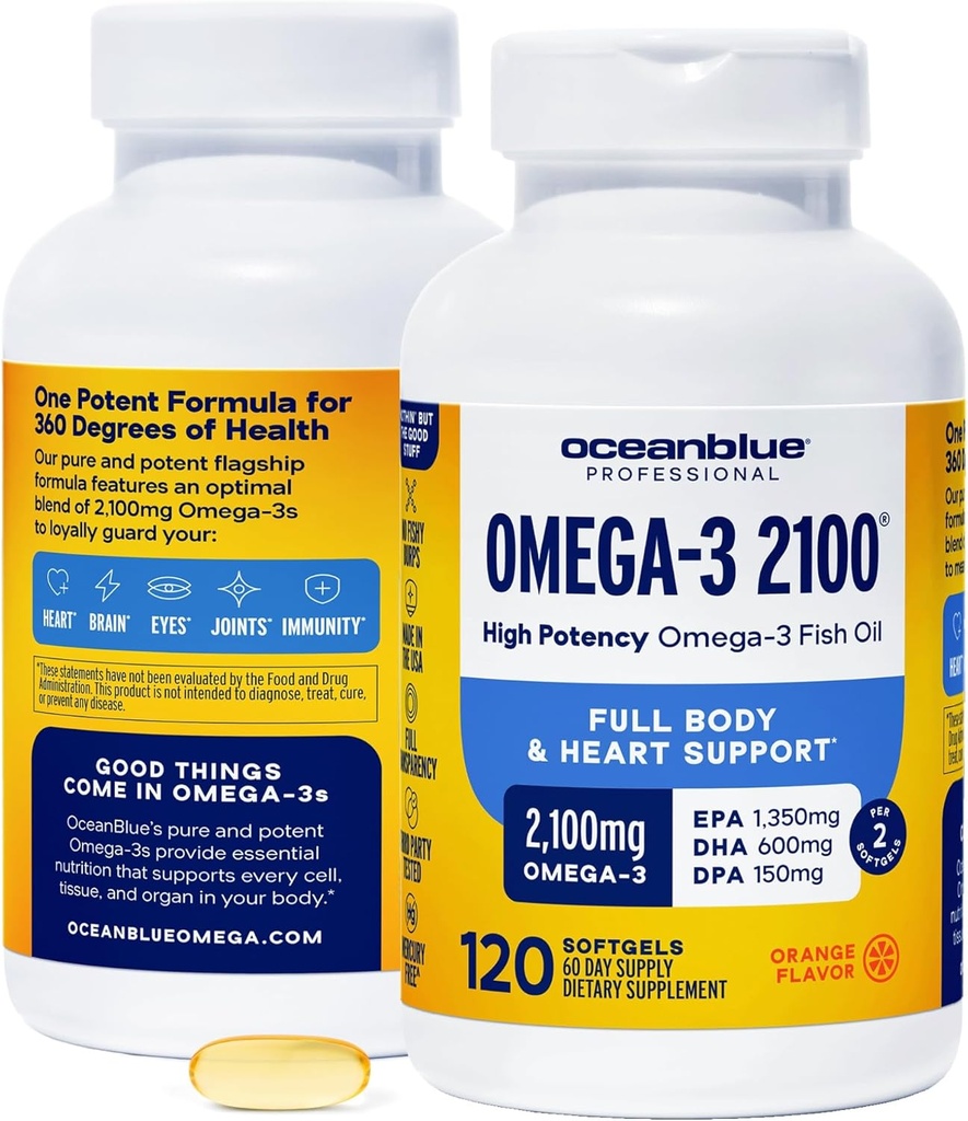 Oceanblue Professional 2100mg | Triple Strength Omega 3 Fish Oil Supplement | Burpless | High Potency EPA DHA | Wild Caught - 120 Count (Pack of 2) Natural Orange Flavor 2