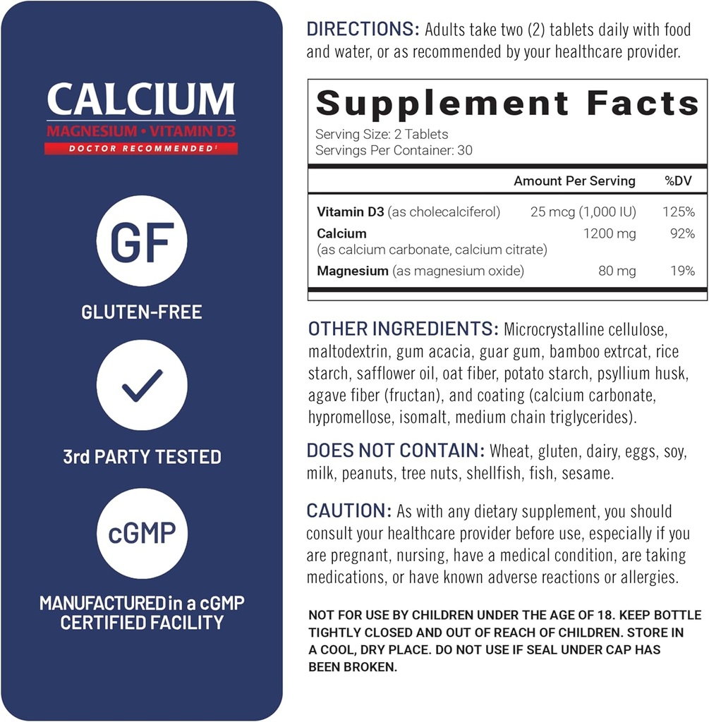U.S. Doctors' Clinical 1200mg Calcium Citrate & Carbonate Complex with Magnesium & Vitamin D3 - Calcium Supplement for Bone Strength, Muscles & Nerves - Vegan, Non-GMO - 60 Tablets - 1-Month Supply 5