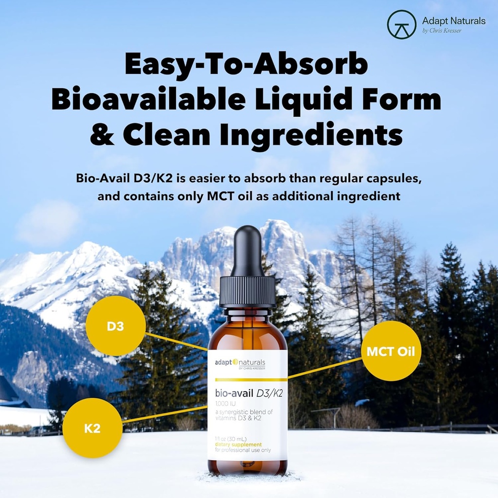Adapt Naturals Vitamin D3 K2 1000 IU Supplement with MCT Oil, Bioavailable Highly Absorbable Liquid Formula, Overcome Vitamin D Deficiency, Support Immune & Metabolic Health - 1 FL Oz, 600 Servings 4