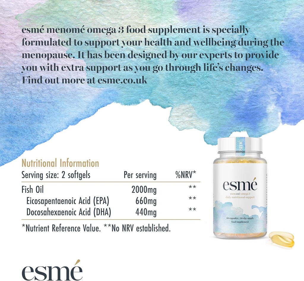 esmé menomé Omega 3 Daily Nutritional Support for perimenopause, Menopause, and postmenopause 60 Capsules 30 Day Supply Food Supplement 660mg EPA & 440mg DHA per Daily Serving 6
