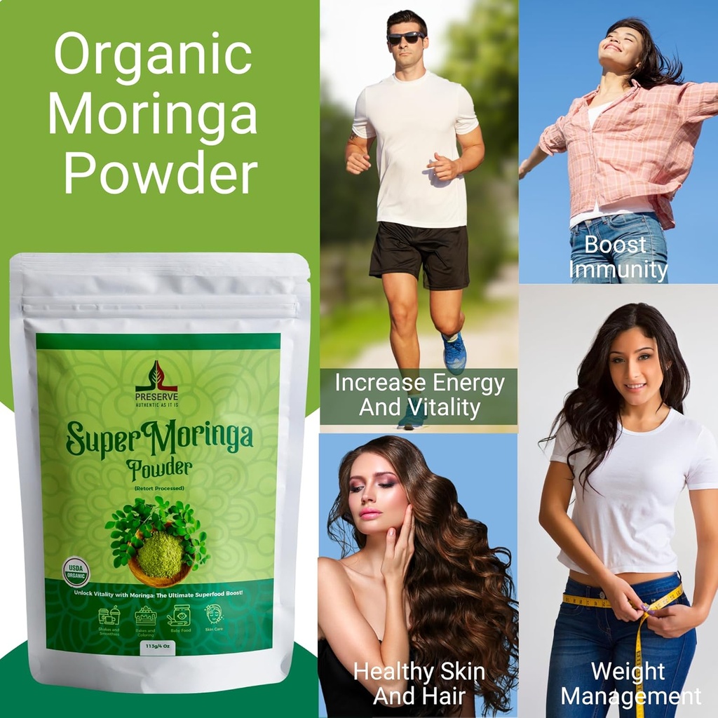 Pure Moringa Powder Retort Processed Oleifera Moringa Leaf Powder | Gluten-Free and Vegan | Perfect for Smothies, Drinks, Tea & Receips. Pure Super Green Food, 113g. 4