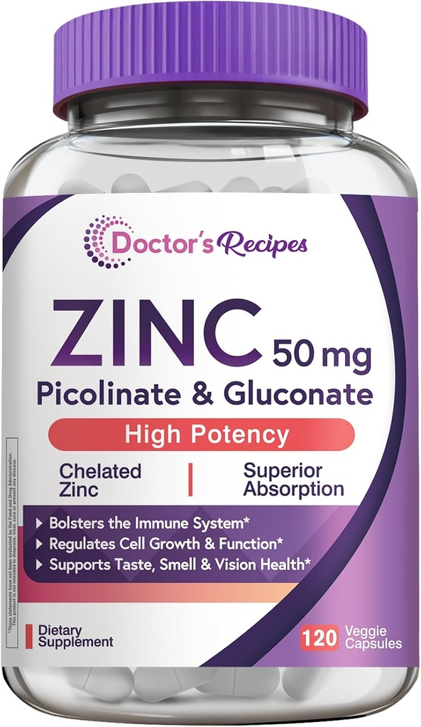 Doctor’s Recipes Zinc 50mg, Highly Absorbable Zinc Picolinate & Gluconate, Supports Natural Immune Defense, DNA & Protein Formation, Cell Growth, Non-GMO, 120 Veggie Capsules 2