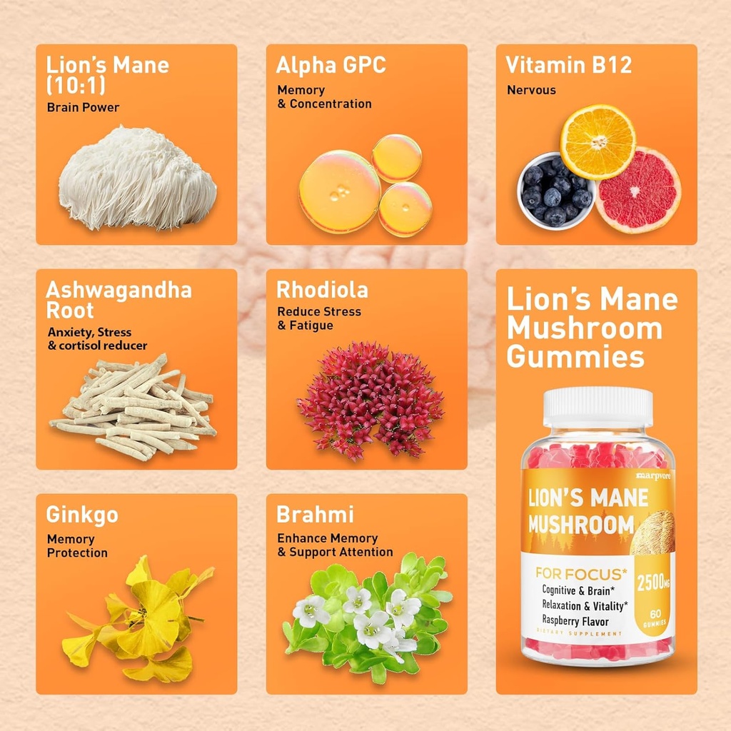 Lions Mane Gummies, Organic Lion's Mane, Lions Mane Gummies for Adults, with Ashwagandha & Alpha GPC, Cortisol Supplements for Women & Men, 60 Counts 5