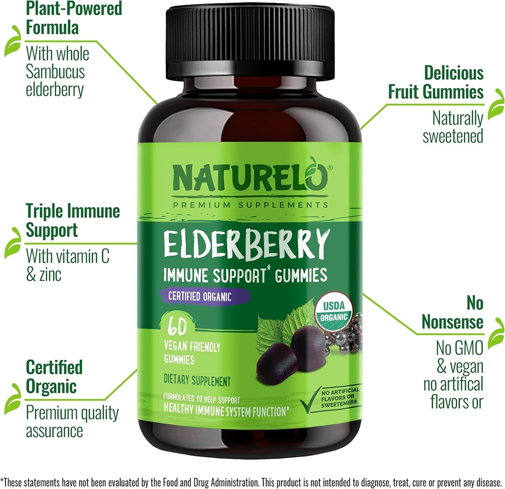 NATURELO Elderberry Gummies Immune Support with Sambucus Elderberry + Vitamin C + Zinc Certified Organic, 60ct 5