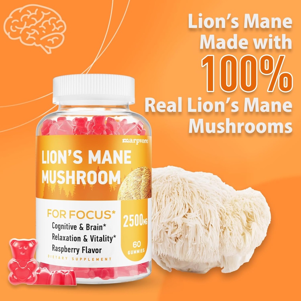 Lions Mane Gummies, Organic Lion's Mane, Lions Mane Gummies for Adults, with Ashwagandha & Alpha GPC, Cortisol Supplements for Women & Men, 60 Counts 6