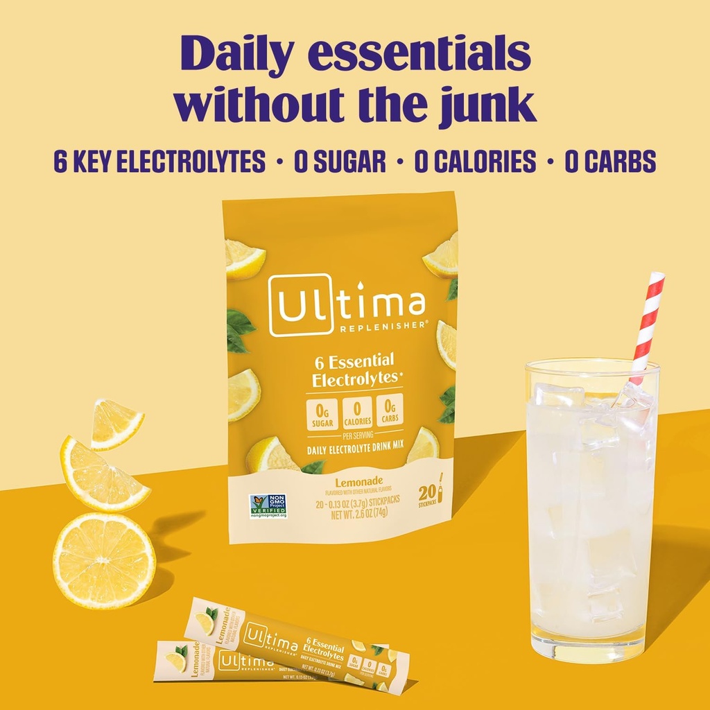 Ultima Replenisher Daily Electrolyte Powder Drink Mix – Sugar Free – Lemonade, 20 Stickpacks – Hydration Packets with 6 Key Electrolytes and Trace Minerals – Keto Friendly, Vegan, Non-GMO 3