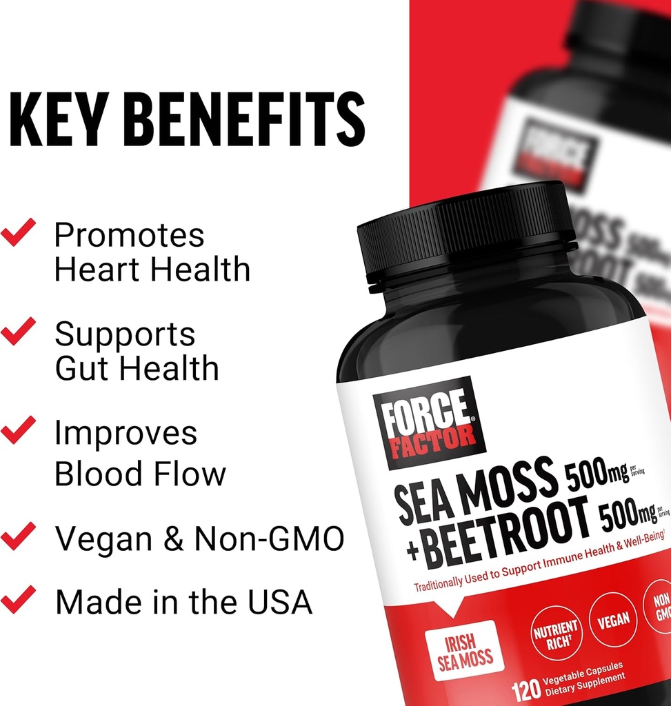 FORCE FACTOR Irish Sea Moss + Beet Root Supplement to Support Immunity, Circulation, Natural Energy, Heart Health, with Antioxidants, Non-GMO, Vegan-Friendly, Soy-Free, 120 Vegetable Capsules 3
