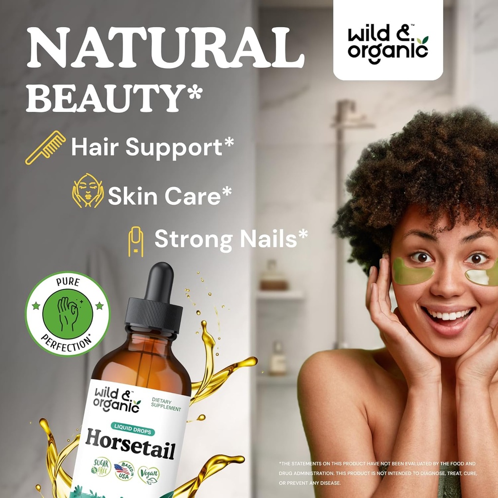 Wild & Organic Horsetail Herb Tincture - Hair Skin and Nails Support - Liquid Horsetail Supplement - Vegan, Sugar & Alcohol-Free Leaf Extract Drops - 4 fl oz 3