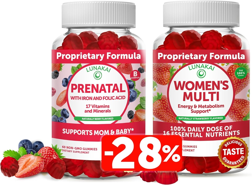 Lunakai Prenatal Vitamin and Women's Multivitamin Gummies Bundle - Pregnancy Multivitamin Gummy with Iron & Folic Acid - with 100% Daily Value of 16 Essential Vitamins and Minerals - 30 Days Supply 2