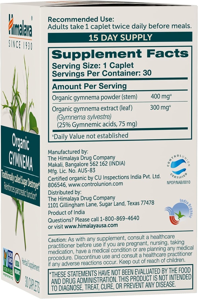 Himalaya Organic Gymnema Sylvestre – Herbal Glucose Metabolism Support - USDA Organic, Non-GMO, Vegan, Gluten Free, Additive Free, 700 mg, 30 Caplets (Pack of 2) 4