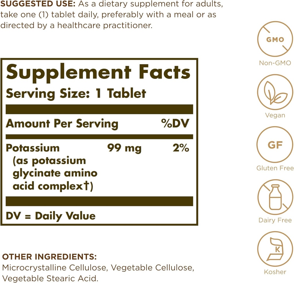 Solgar Potassium Amino Acid Complex, 100 Tablets - Nerve & Muscle Health - Promotes Electrolyte Balance - Non-GMO, Vegan, Gluten Free, Dairy Free, Kosher - 100 Servings 3