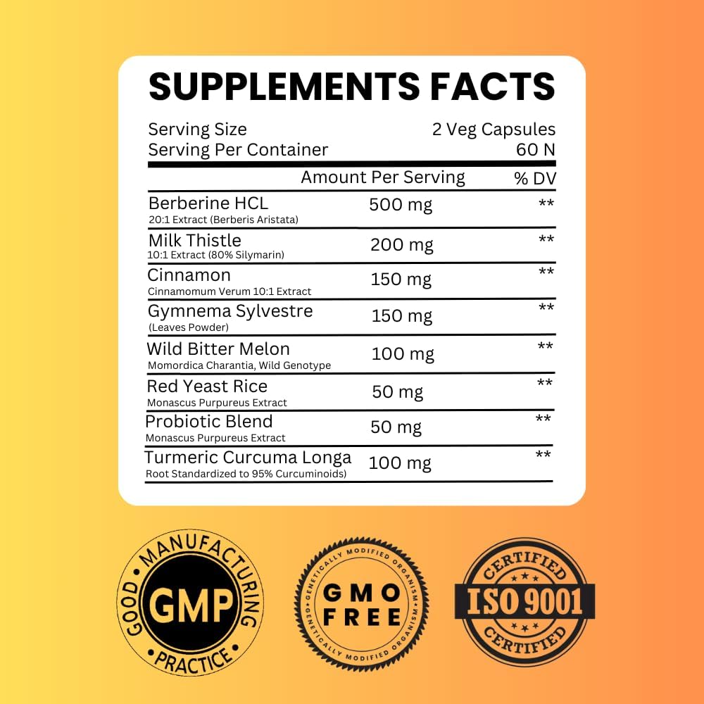 Berberine HCL Extract 1300mg with Milk Thistle, Ceylon Cinnamon, Gymnema Sylvestre & Turmeric - 60 Capsules 3