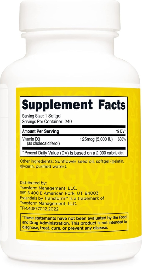 TransformHQ Vitamin D3 5000 IU (125mcg) 240 Softgels - Vitamin D Supplement, Gluten Free, Non-GMO 3