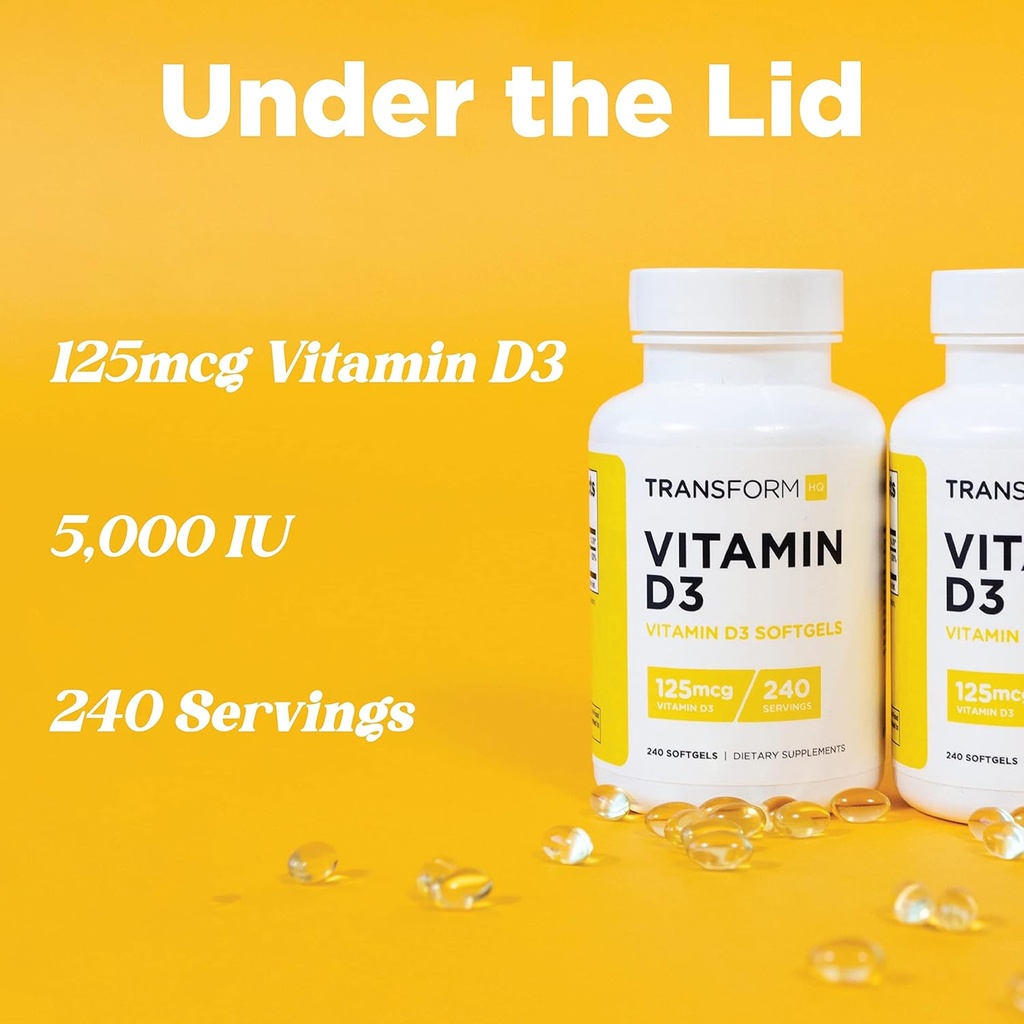 TransformHQ Vitamin D3 5000 IU (125mcg) 240 Softgels - Vitamin D Supplement, Gluten Free, Non-GMO 6