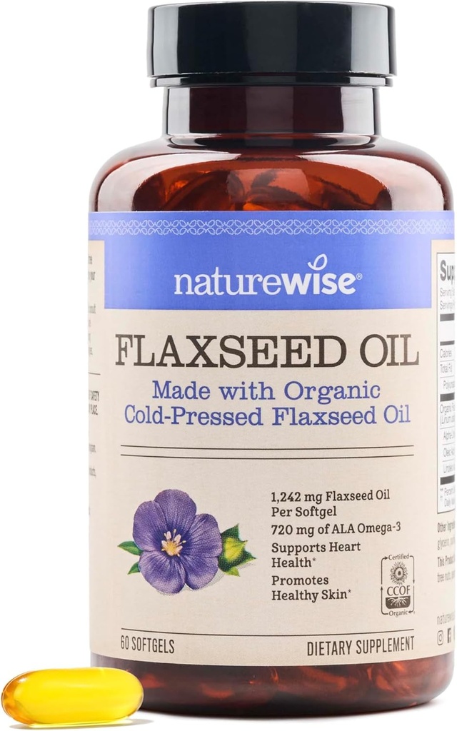 NatureWise Flaxseed Oil 1200 mg, Fish Free Omega 3 6 9 with 720mg ALA, Dietary Supplement for Heart Health Support - Organic, Cold Pressed, Non-GMO - 60 Softgels[2-Month Supply] 2