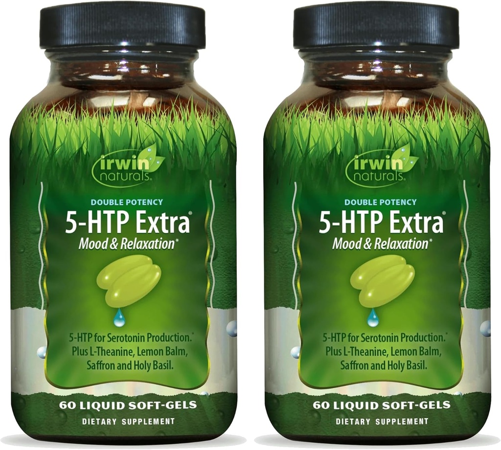 Irwin Naturals Double Potency 5-HTP Extra - 60 Liquid Soft-Gels, Pack of 2 - for Relaxation & Serotonin Production - 60 Total Servings 2