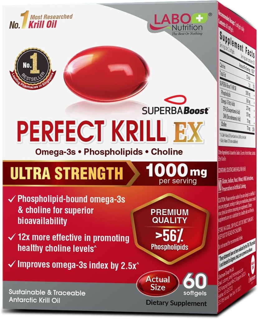 LABO Nutrition Perfect Krill EX, 1000mg Antarctic Krill Oil Omega 3 EPA DHA, Highest Phospholipids (Over 56%) with Choline, Astaxanthin | Heart Brain Eye Joint Health, Made in USA, 60 softgels 2