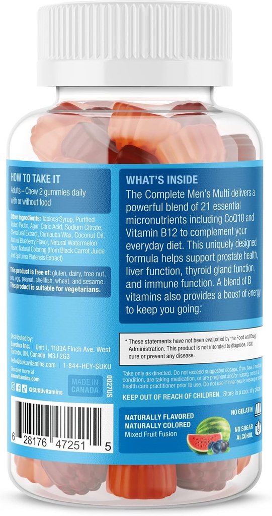 SUKU Men's Daily Multivitamin Gummies – Vitamins A, B12, C, D3, E, Zinc, CoQ10 & Lycopene – Prostate, Heart & Immune Support – Sugar-Free, Vegan, Mixed Fruit Fusion – 60 Count 4