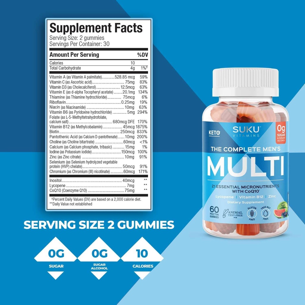 SUKU Men's Daily Multivitamin Gummies – Vitamins A, B12, C, D3, E, Zinc, CoQ10 & Lycopene – Prostate, Heart & Immune Support – Sugar-Free, Vegan, Mixed Fruit Fusion – 60 Count 5