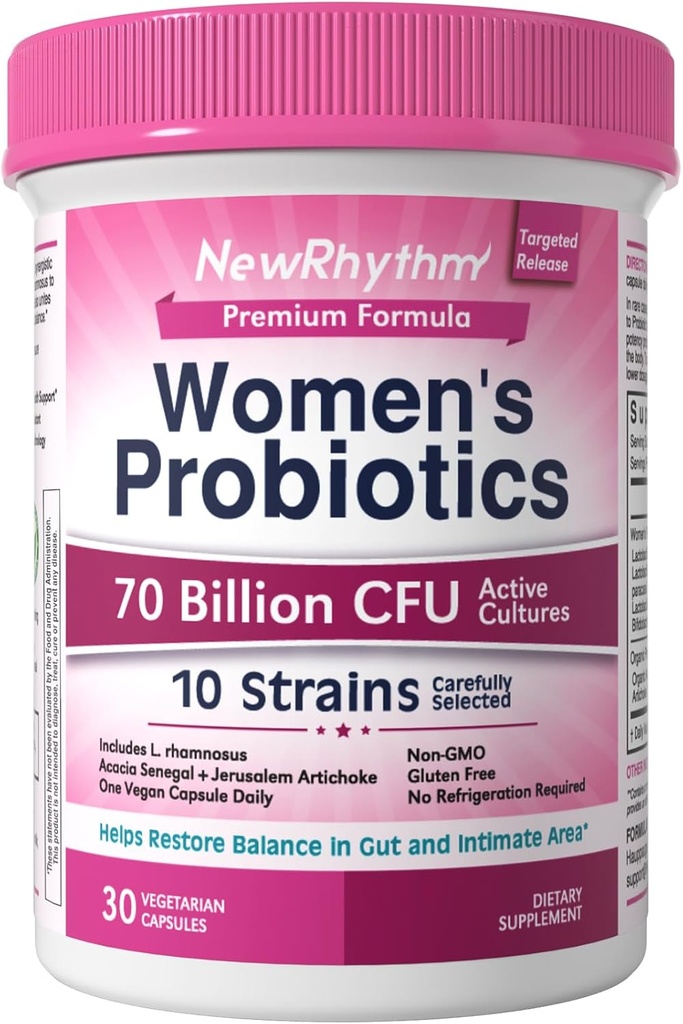 NewRhythm Women's Probiotics, Organic Prebiotics, 70 Billion CFU 10 Strains, Vaginal Probiotics for Urinary & Digestive Health, 30 Vegan Capsules, No Bloating 2