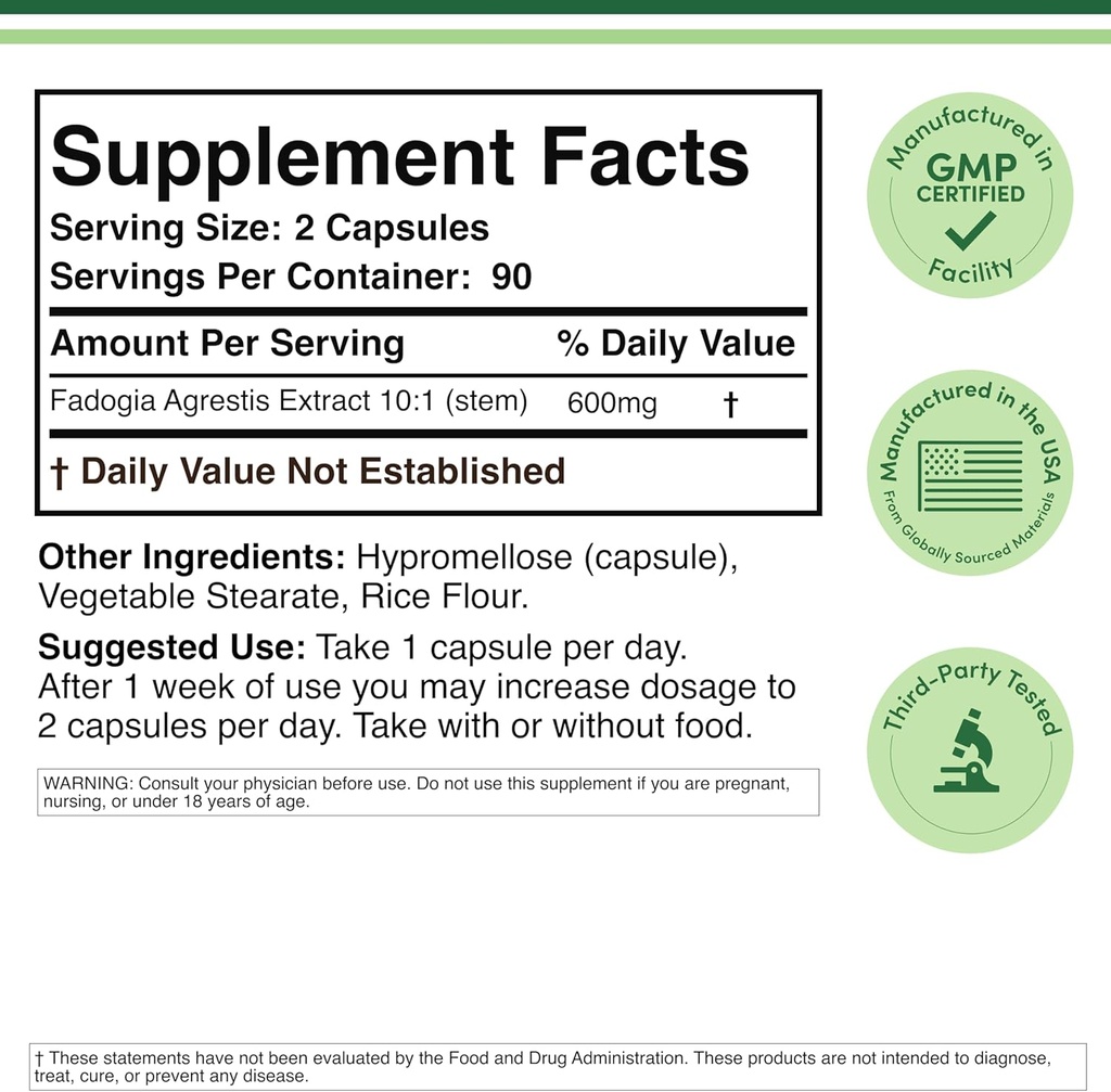 Fadogia Agrestis 600mg Per Serving (180 Capsules) Powerful Extract to Support Athletic Performance (Third Party Tested, Non-GMO, Vegan, Gluten Free) by Double Wood 3