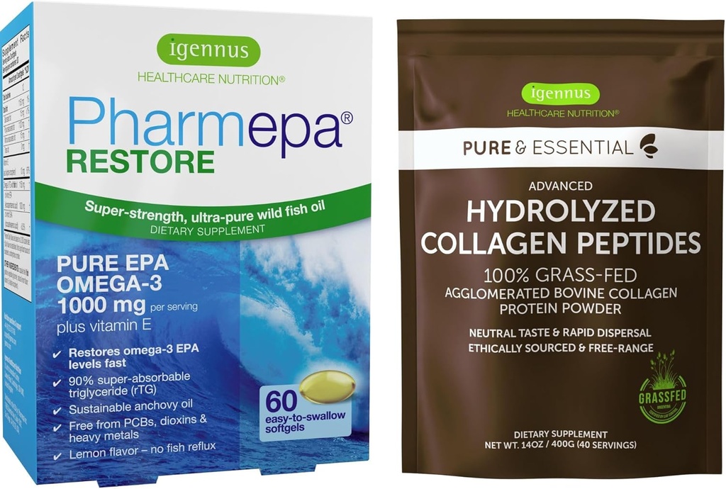 Pharmepa Restore & Advanced Hydrolyzed Collagen Peptides Bundle, 1000mg Pure EPA Omega-3 Fish Oil & 100% Grass Fed Bovine Collagen Protein Powder, by Igennus 2