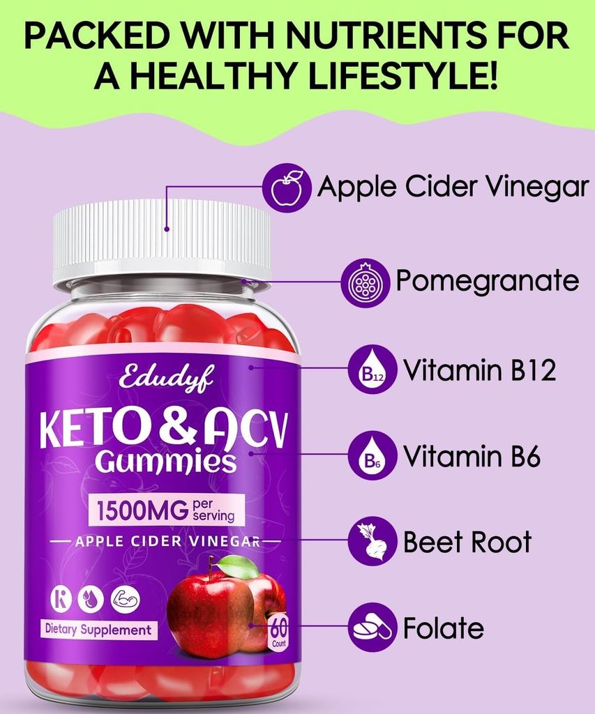 Keto ACV Gummies with B12 B6 – 1500 mg Apple Cider Vinegar Supplement with Pomegranate and Beet Juice, Vegan & Gluten-Free, 180 Gummies for Men & Women 3