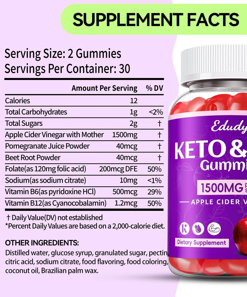 Keto ACV Gummies with B12 B6 – 1500 mg Apple Cider Vinegar Supplement with Pomegranate and Beet Juice, Vegan & Gluten-Free, 180 Gummies for Men & Women 5
