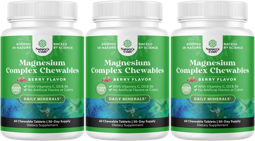 Sugar Free Magnesium Glycinate Chewable - Chewable Magnesium for Adults & Kids with Glycinate Taurate & Citrate Complex Plus Vitamins D3 B6 & C - Vegetarian Non-GMO & No Artificial Flavors (30 Day) 2
