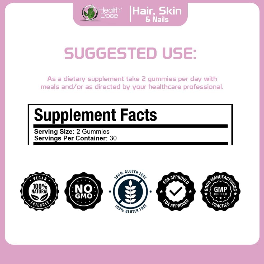Health Dose Hair Skin Nails with Biotin 5000 mcg, Vitamin A,D3,C & B6, Gluten & Sugar Free, Coconut & Strawberry Flavor 60 Count Gummies. 6